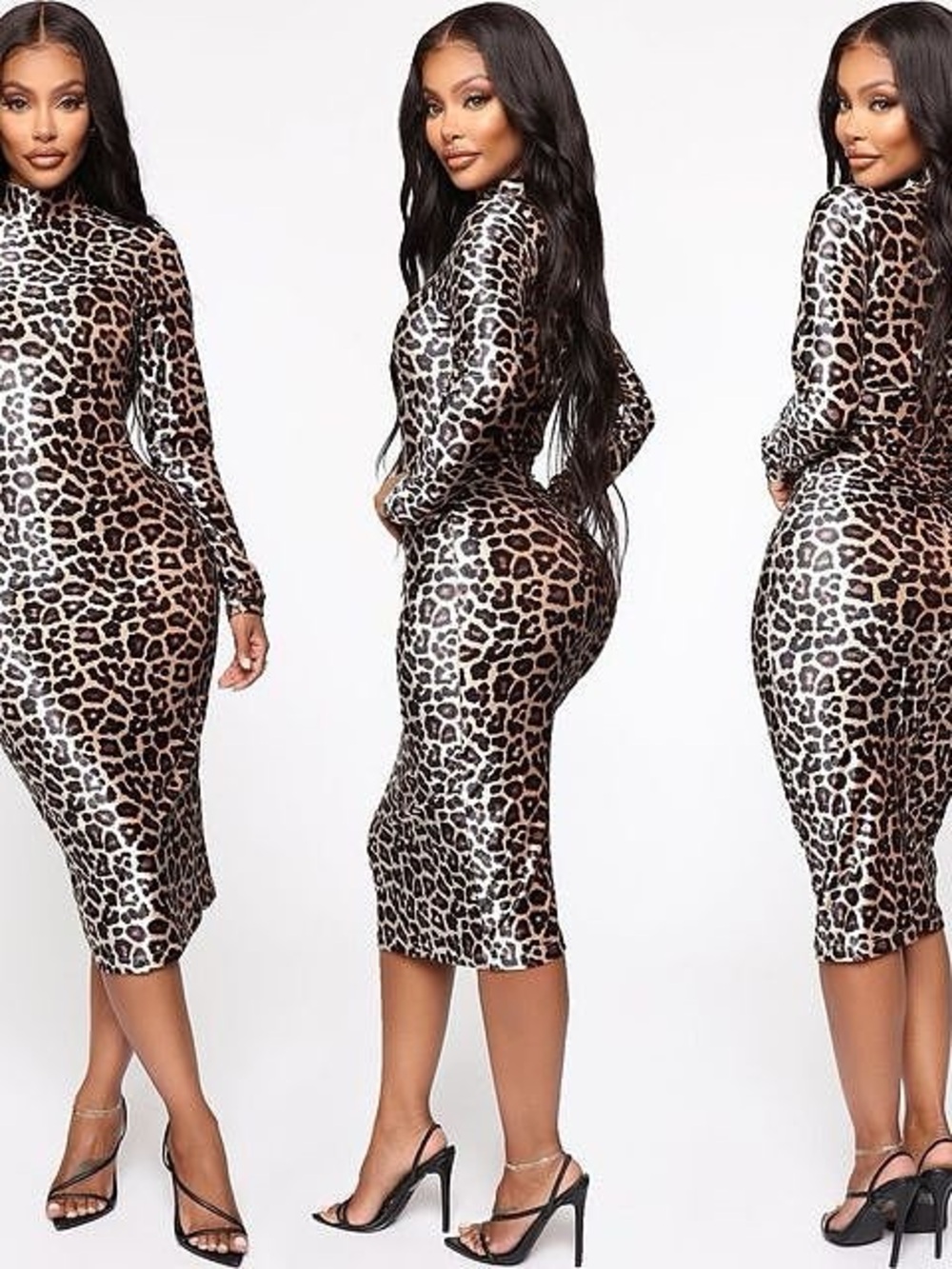 Fashion Nova Leopard Print Long Sleeve Midi Dress - Brown/Black